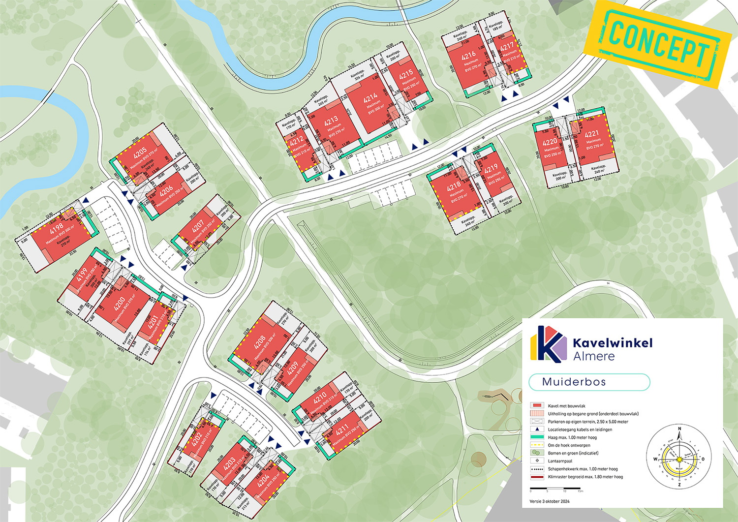 De 3 clusters met in totaal 24 kavels in Muiderbos, Duin.
